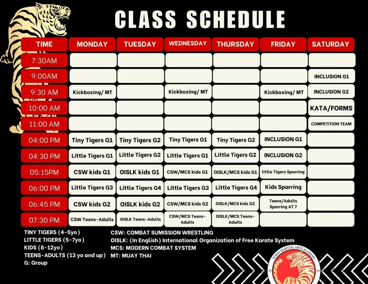 Torin Martial Arts Schedule